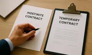 Mano con bolígrafo frente a un contrato indefinido y otro temporal. La elección es crucial para el futuro laboral.