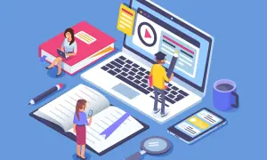 Personas aprendiendo en línea, leyendo libros y usando dispositivos. ¡Descubre cursos eficientes y lee opiniones para elegir el mejor!