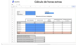 Hoja de cálculo "Cálculo de horas extras" muestra un resumen de horas trabajadas, incluyendo un ejemplo donde las horas extras cotizan con diferentes porcentajes de aumento.