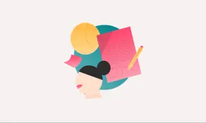 Cabeza de mujer con notas, reloj y lápiz, simbolizando la transformación del tiempo completo en indefinido.