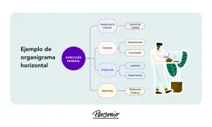 Organigrama horizontal que muestra la Dirección General y sus departamentos. Ilustra la diferencia vertical y horizontal en la estructura de una empresa.
