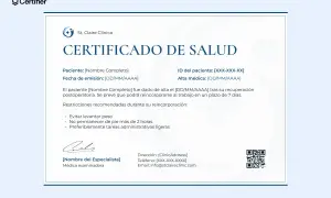 Certificado de salud de St. Claire Clínica, como es un justificante médico, detalla la recuperación postoperatoria de un paciente y sus restricciones.