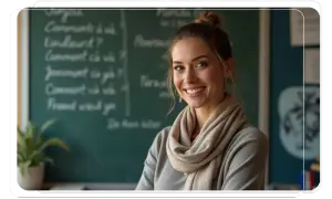 Sonrisa de una profesora de francés, lista para las oposiciones de secundaria. En la pizarra, frases en francés como "Comment ça va?".