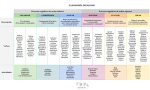 La Taxonomía de Bloom clasifica procesos cognitivos, desde recordar hasta crear, con verbos y actividades para cada nivel.
