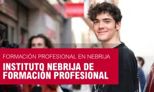 Joven sonriendo con texto "Formación Profesional en Nebrija" y "Instituto Nebrija de Formación Profesional".