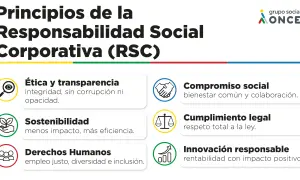Principios de la Responsabilidad Social Corporativa (RSC) en España: ética, sostenibilidad, derechos humanos, compromiso social, cumplimiento legal e innovación responsable.