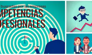 Un laberinto con la frase "Competencias Profesionales" y personas celebrando el éxito laboral, mostrando sus **habilidades en el trabajo**.