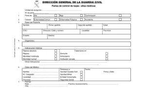 Formulario oficial de la Guardia Civil para partes de bajas y altas médicas. Incluye campos para datos del paciente, diagnóstico y tratamiento, como un justificante médico privado.