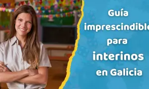 Guía imprescindible para funcionarios interinos en Galicia. Mujer sonriente con brazos cruzados en un aula decorada.