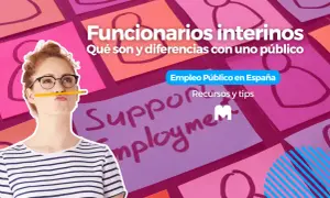 Mujer pensativa con un lápiz en la boca, rodeada de notas adhesivas con siluetas de personas. El texto explica qué es un interino en el empleo público.