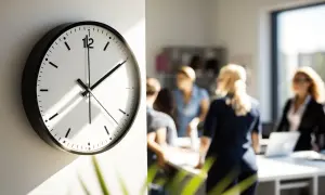 Reloj de pared blanco y negro marca las horas estructurales de una reunión de oficina.