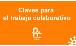Claves para el trabajo colaborativo. Un logo blanco de "Aperitivos Snack" y un diseño abstracto blanco en la esquina inferior derecha.
