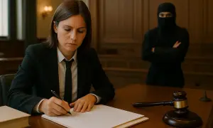 Una mujer con traje firma documentos en un juzgado, mientras una figura encapuchada observa. Así como este examen de tramitación procesal, la justicia requiere atención.