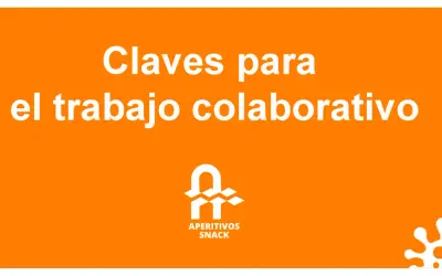 Claves para el trabajo colaborativo. Un logo blanco de "Aperitivos Snack" y un diseño abstracto blanco en la esquina inferior derecha.