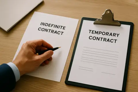 Mano con bolígrafo frente a un contrato indefinido y otro temporal. La elección es crucial para el futuro laboral.