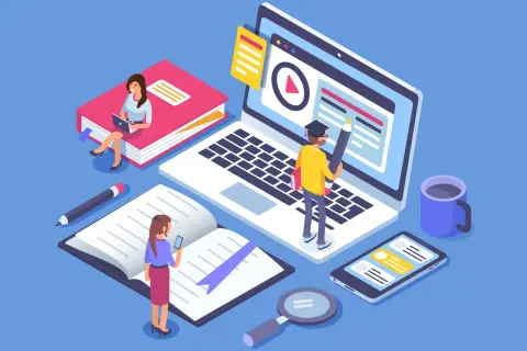 Personas aprendiendo en línea, leyendo libros y usando dispositivos. ¡Descubre cursos eficientes y lee opiniones para elegir el mejor!