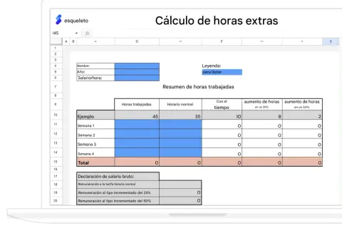 Hoja de cálculo "Cálculo de horas extras" muestra un resumen de horas trabajadas, incluyendo un ejemplo donde las horas extras cotizan con diferentes porcentajes de aumento.