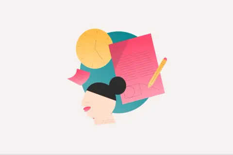 Cabeza de mujer con notas, reloj y lápiz, simbolizando la transformación del tiempo completo en indefinido.