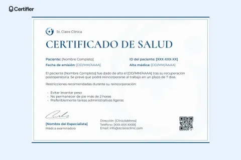 Certificado de salud de St. Claire Clínica, como es un justificante médico, detalla la recuperación postoperatoria de un paciente y sus restricciones.
