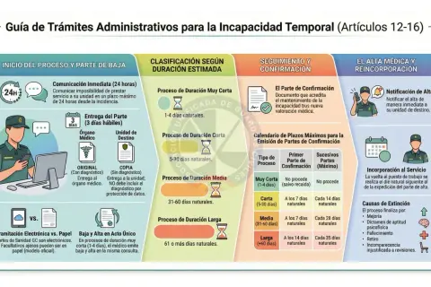 Guía de trámites para incapacidad temporal. Incluye inicio, clasificación por duración (corta, media, larga), seguimiento y alta médica. Baja 3 días.