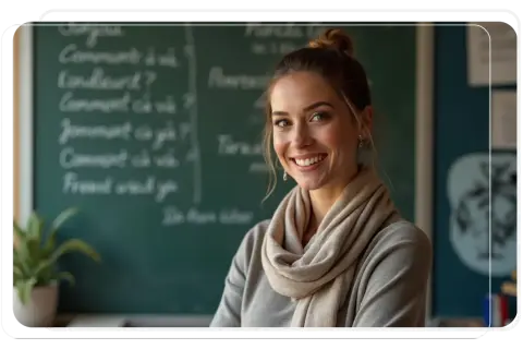 Sonrisa de una profesora de francés, lista para las oposiciones de secundaria. En la pizarra, frases en francés como "Comment ça va?".