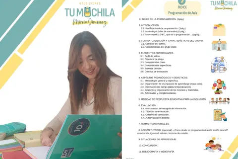 La imagen muestra el índice de "Programación de Aula" de Mireia Jiménez, detallando cuántos temas son las oposiciones de magisterio, incluyendo introducción, elementos curriculares y evaluación.