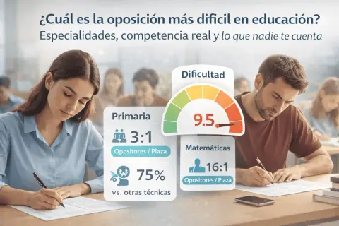 Estudiantes analizan datos sobre la dificultad de oposiciones en educación, con opiniones de formaedu. Primaria 3:1, Matemáticas 16:1.