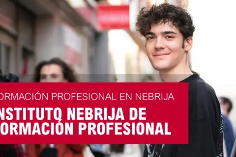 Joven sonriendo con texto "Formación Profesional en Nebrija" y "Instituto Nebrija de Formación Profesional".