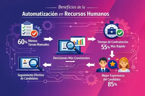 Automatización en RRHH: 60% menos tareas manuales, decisiones consistentes, contratación 55% más rápida y 85% mejor experiencia del candidato. Mejora continua de procesos.