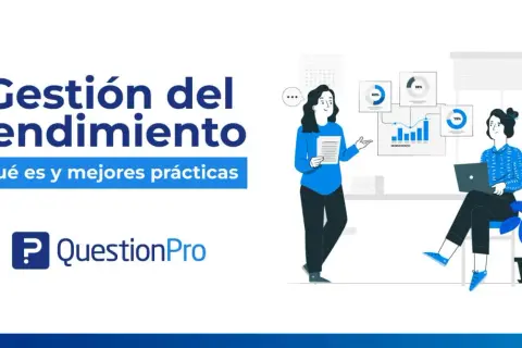Ilustración sobre gestión del rendimiento, con gráficos y personas analizando datos.