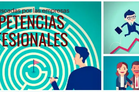 Un laberinto con la frase "Competencias Profesionales" y personas celebrando el éxito laboral, mostrando sus **habilidades en el trabajo**.