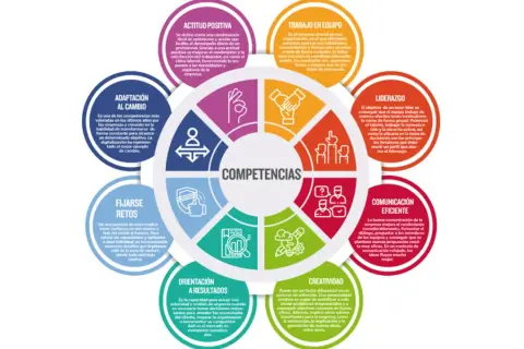 Círculo de competencias: Adaptación al cambio, fijarse retos, orientación a resultados, creatividad, comunicación eficiente, liderazgo, trabajo en equipo y actitud positiva. Cualidades de un buen trabajador.