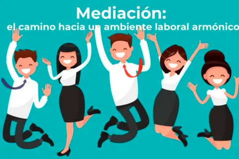 Cinco personas saltan de alegría, celebrando un ambiente laboral armónico. Las **técnicas de mediación** son clave para lograrlo.