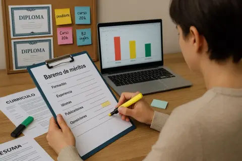 Persona revisa un baremo de méritos con formación, experiencia e idiomas, buscando el significado de cada punto para su currículum.