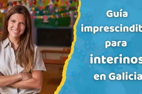 Guía imprescindible para funcionarios interinos en Galicia. Mujer sonriente con brazos cruzados en un aula decorada.