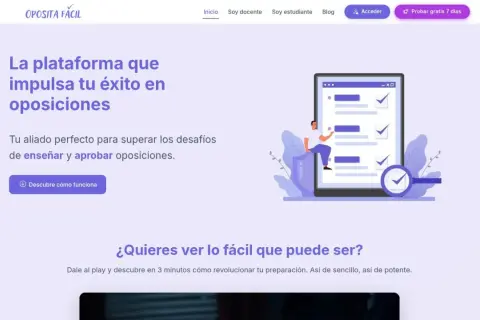 Plataforma web para oposiciones, con un diseño moderno y una ilustración que muestra el éxito en la preparación. ¡Tu aliado para aprobar!