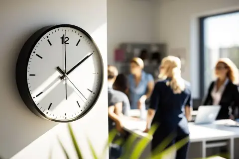 Reloj de pared blanco y negro marca las horas estructurales de una reunión de oficina.