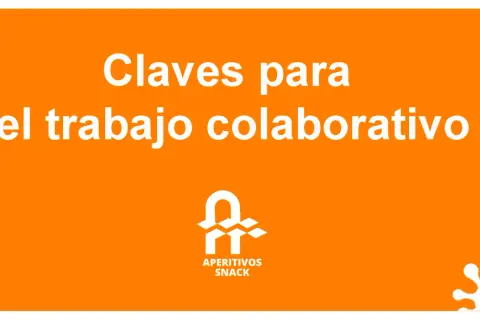 Claves para el trabajo colaborativo. Un logo blanco de "Aperitivos Snack" y un diseño abstracto blanco en la esquina inferior derecha.
