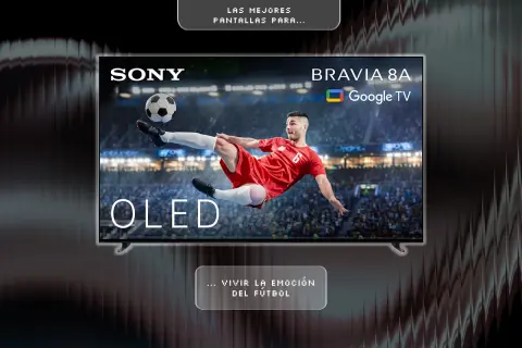 Televisor Sony Bravia 8A OLED muestra un futbolista en acción. Las mejores pantallas para vivir la emoción del fútbol, según opiniones.