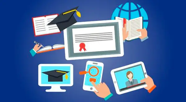 Ilustración de educación online: diploma, libros, globo terráqueo, móvil y tablet.