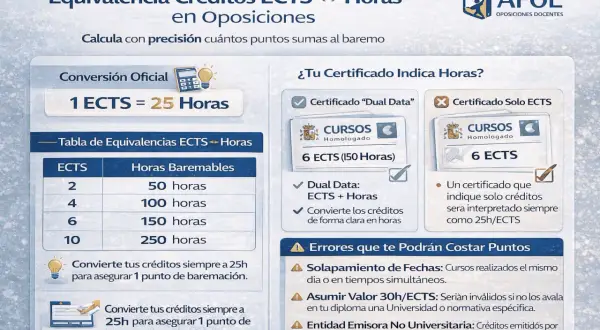 Infografía sobre cuántas horas de cursos para oposiciones secundaria equivalen a créditos ECTS. 1 ECTS son 25 horas.