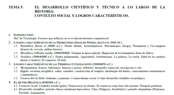 Temario de tecnología: evolución histórica, prehistoria, primeras civilizaciones y mundo helénico.