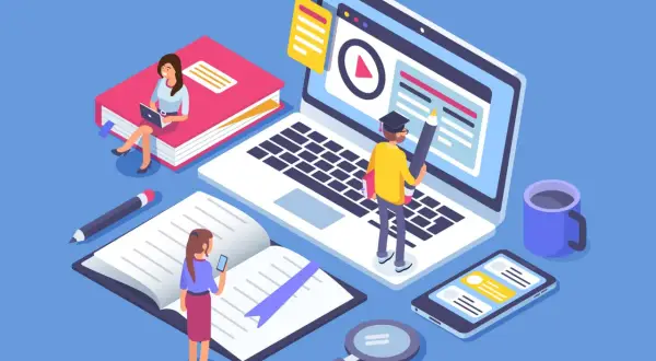 Personas aprendiendo en línea, leyendo libros y usando dispositivos. ¡Descubre cursos eficientes y lee opiniones para elegir el mejor!