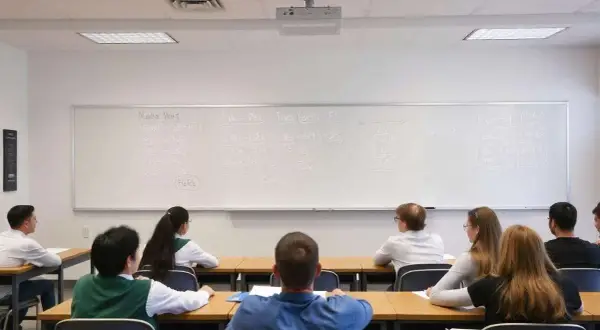 Estudiantes en clase de matemáticas, con ecuaciones en la pizarra. ¿Cuántas bolas se sacan en oposiciones de secundaria?