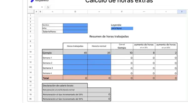 Hoja de cálculo "Cálculo de horas extras" muestra un resumen de horas trabajadas, incluyendo un ejemplo donde las horas extras cotizan con diferentes porcentajes de aumento.