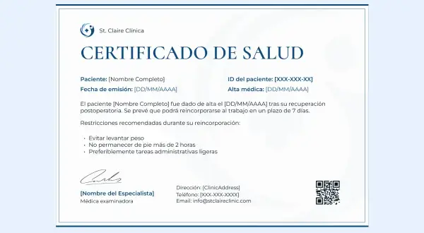 Certificado de salud de St. Claire Clínica, como es un justificante médico, detalla la recuperación postoperatoria de un paciente y sus restricciones.