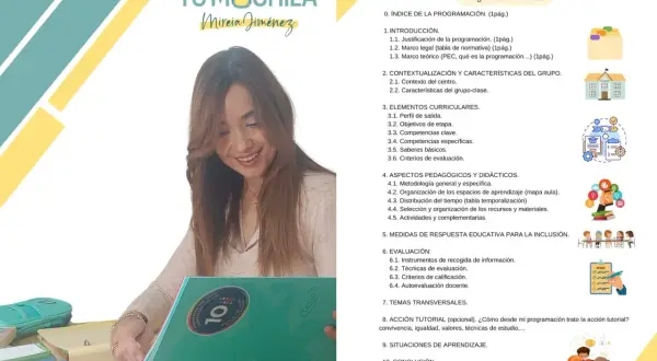 La imagen muestra el índice de "Programación de Aula" de Mireia Jiménez, detallando cuántos temas son las oposiciones de magisterio, incluyendo introducción, elementos curriculares y evaluación.