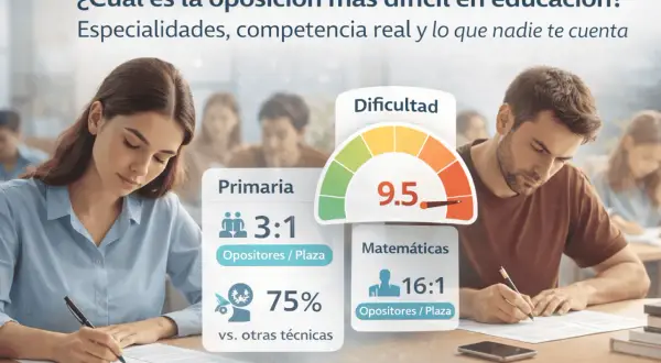Estudiantes analizan datos sobre la dificultad de oposiciones en educación, con opiniones de formaedu. Primaria 3:1, Matemáticas 16:1.