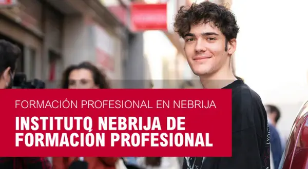 Joven sonriendo con texto "Formación Profesional en Nebrija" y "Instituto Nebrija de Formación Profesional".