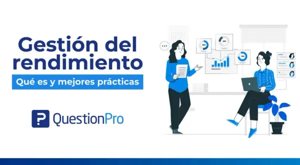 Ilustración sobre gestión del rendimiento, con gráficos y personas analizando datos.